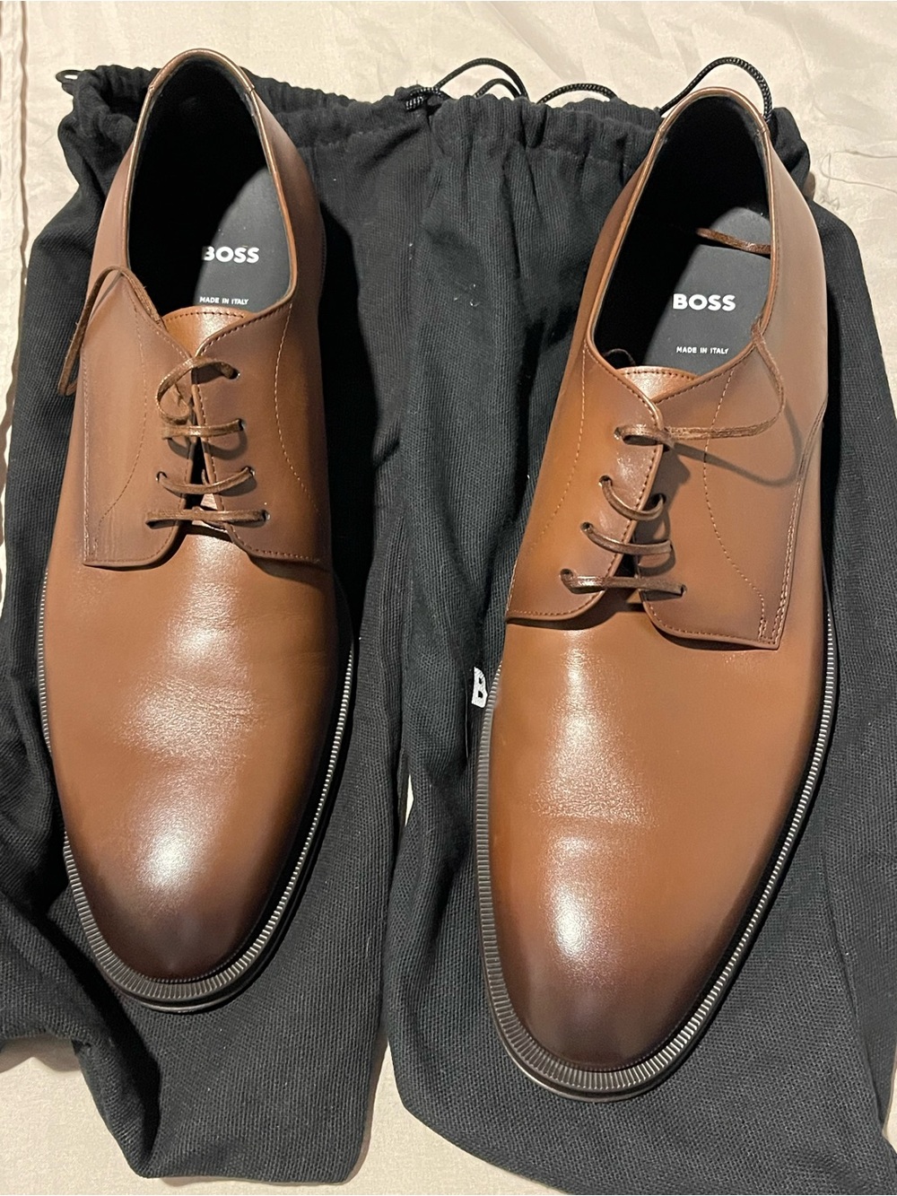 Italian Made. BOSS Brown Leather Derby Shoes. Shoe Bags Included!